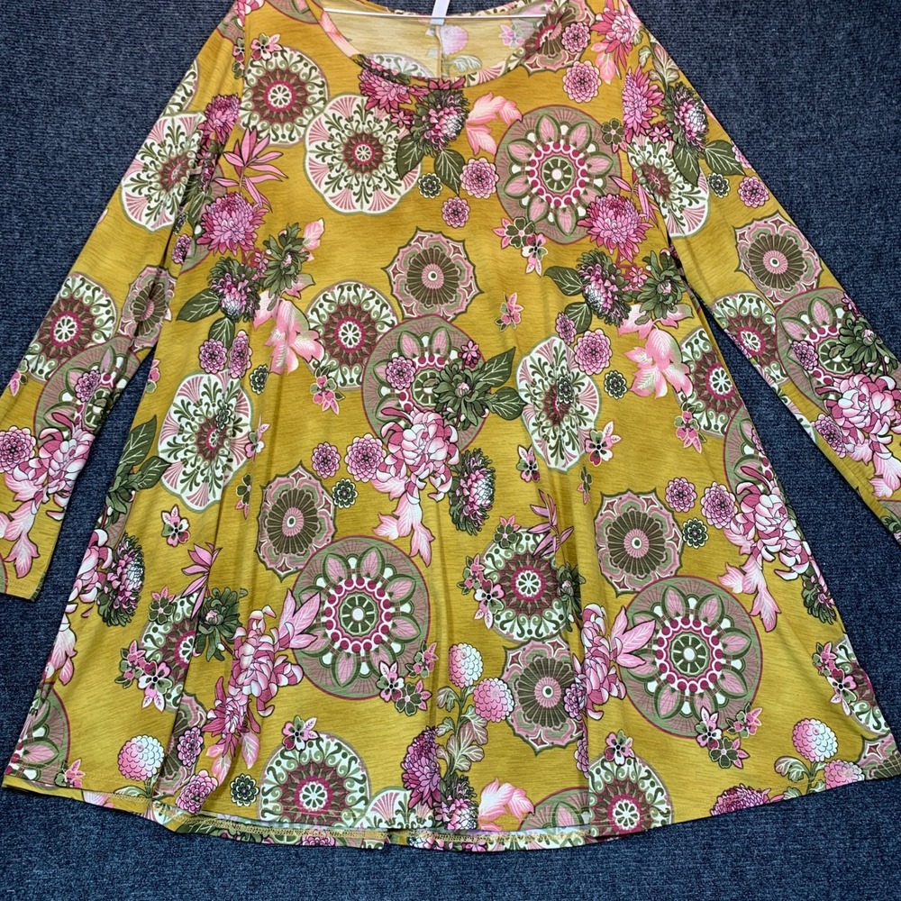 Yee Floral Mandala Swing Tunic Mini Dress XL Mustard Yellow Boho Mandala Retro